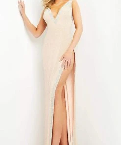 Jovani - 06276 Jewel-Trimmed High Slit Sheath Gown