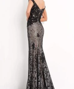 Jovani - 06437 Embroidered Deep Off Shoulder Sheath Dress