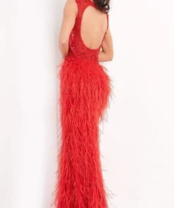Jovani - 06446 Sleeveless V Neck High Slit Feather Skirt Prom Dress