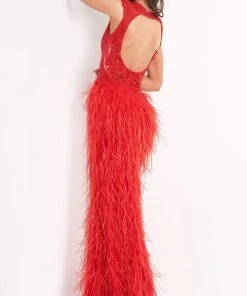 Jovani - 06446 Sleeveless V Neck High Slit Feather Skirt Prom Dress