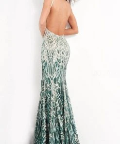 Jovani - 06450 Two Tone Sequined V Neck Trumpet Dress