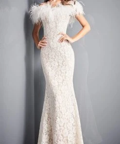 Jovani - 06451 Feather Off-Shoulder Allover Lace Mermaid Gown