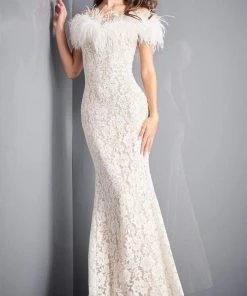 Jovani - 06451 Feather Off-Shoulder Allover Lace Mermaid Gown