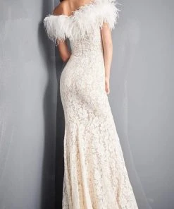 Jovani - 06451 Feather Off-Shoulder Allover Lace Mermaid Gown