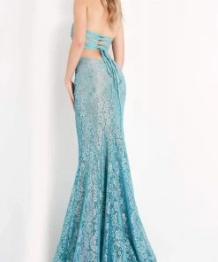 Jovani - 06586 Strapless Sweetheart Silver Lace Tie-Back Evening Gown