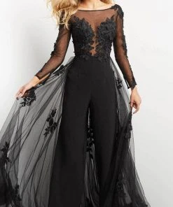 Jovani 06609 - Bateau Overskirt Evening Jumpsuit