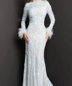 Jovani 06662 - Feather Trimmed Lace Evening Dress