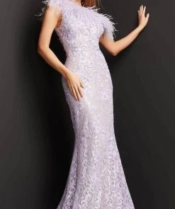 Jovani 06663 - Feathered Asymmetrical Lace Evening Dress