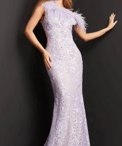 Jovani 06663 - Feathered Asymmetrical Lace Evening Dress 10 Jovani 06663 - Feathered Asymmetrical Lace Evening Dress