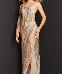 Jovani - 06741 Beaded Multicolor Slit Sheer Gown