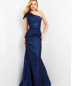 Jovani - 06751 One Shoulder Metallic Jacquard Evening Dress