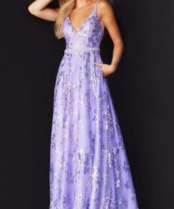 Jovani - 06814 V-Neck Floral Embroidered Dress