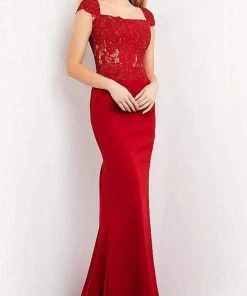 Jovani - 06825 Square Neck Lace Sheath Evening Gown