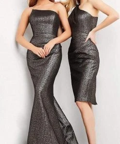 Jovani - 06867 Metallic Jacquard Asymmetric Neck Evening Gown