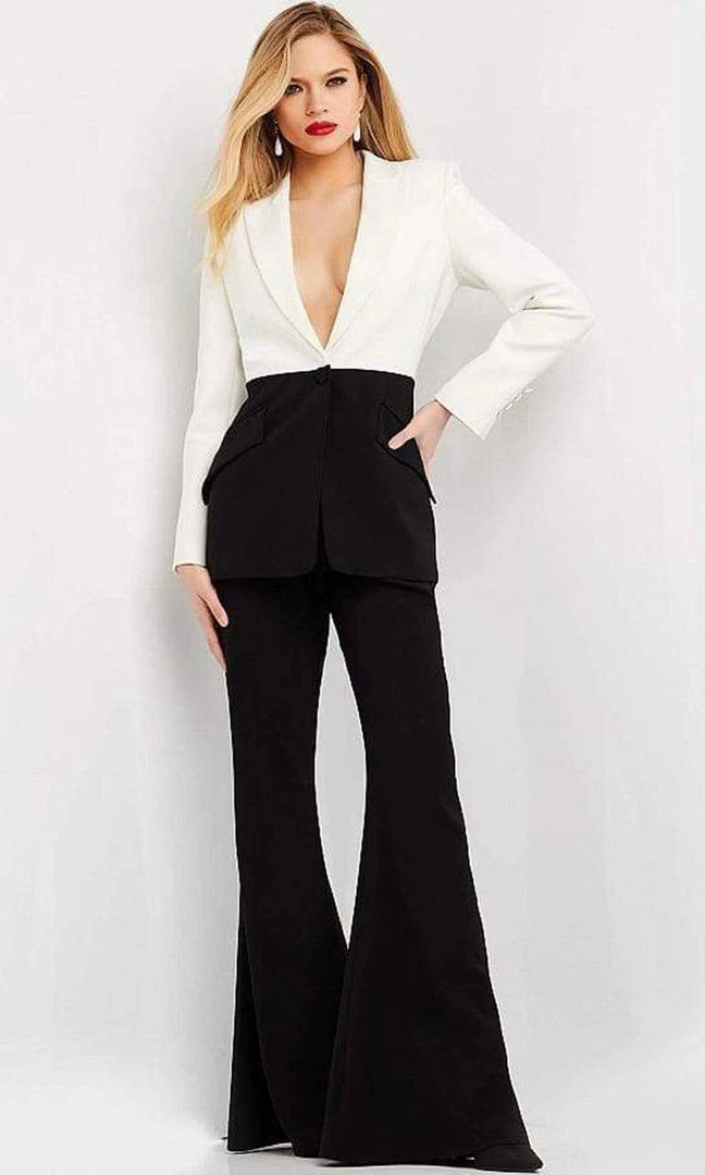 Jovani - 07205 Plunging Neck Two Toned Pantsuit 3 Jovani - 07205 Plunging Neck Two Toned Pantsuit