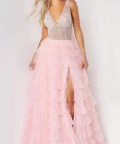Jovani - 07235 Jeweled High Slit Tulle Gown