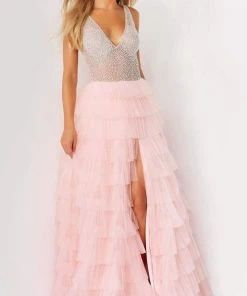Jovani - 07235 Jeweled High Slit Tulle Gown 10 Jovani - 07235 Jeweled High Slit Tulle Gown