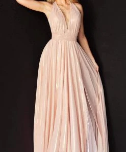 Jovani - 07247 Plunging Halter Cascading Panel Gown