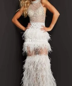 Jovani - 07317 High Neck Feather Fringed Gown