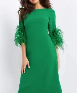 Jovani - 07341 Feather Fringed Quarter Sleeve Dress