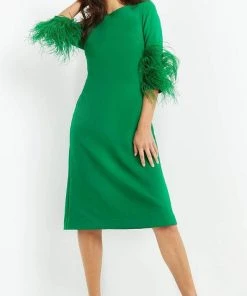 Jovani - 07341 Feather Fringed Quarter Sleeve Dress