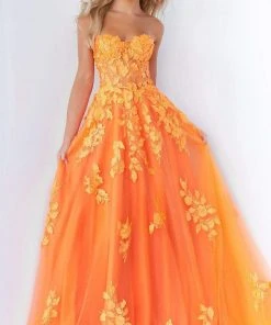 Jovani - 07901 Strapless Lace Ornate A-Line Gown