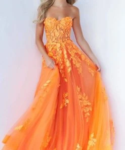 Jovani - 07901 Strapless Lace Ornate A-Line Gown