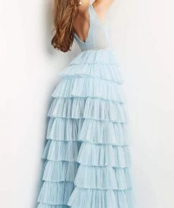 Jovani - 07998 Surplice V-Neck Layered A-Line Dress