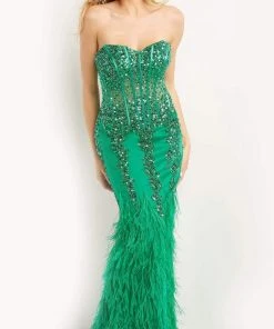Jovani - 08142 Strapless Corset Feather Gown