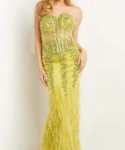 Jovani - 08142 Strapless Corset Feather Gown