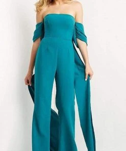 Jovani - 08209 Off Shoulder Crepe Jumpsuit With Back Tail