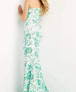 Jovani - 08256 Floral Sequin Asymmetrical Sheath Gown