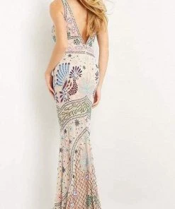 Jovani - 08446 Patterned Detail Beadwork Sheath Gown