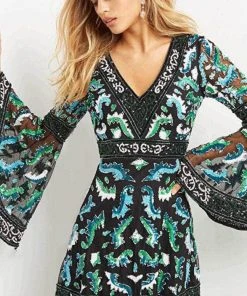 Jovani 08448 - Bell Sleeves V-neck Short Dress