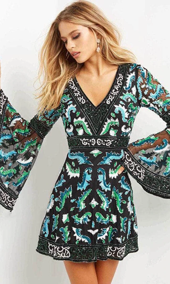 Jovani 08448 - Bell Sleeves V-neck Short Dress 3 Jovani 08448 - Bell Sleeves V-neck Short Dress