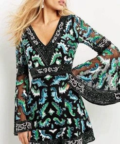 Jovani 08448 - Bell Sleeves V-neck Short Dress 9 Jovani 08448 - Bell Sleeves V-neck Short Dress