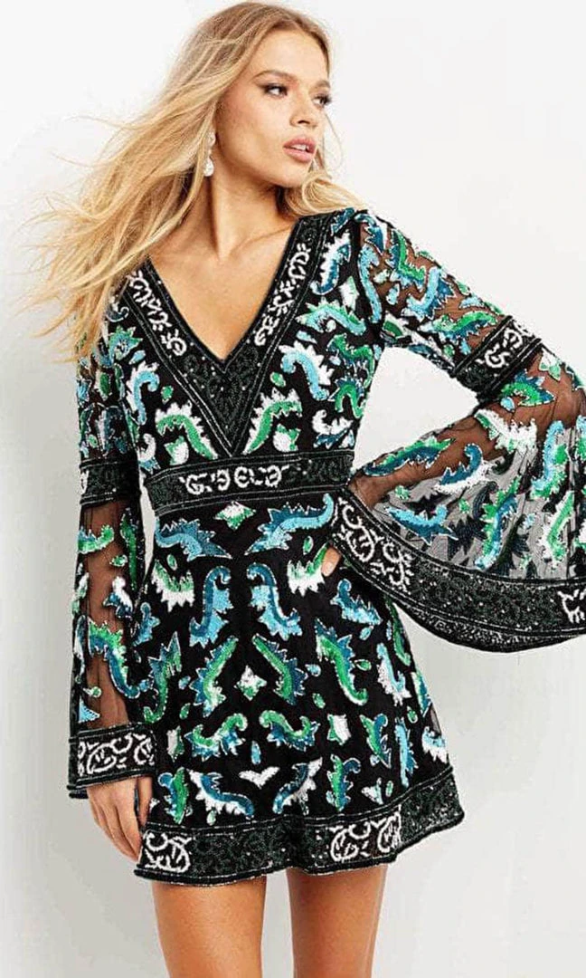 Jovani 08448 - Bell Sleeves V-neck Short Dress 6 Jovani 08448 - Bell Sleeves V-neck Short Dress