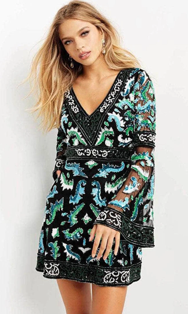 Jovani 08448 - Bell Sleeves V-neck Short Dress 5 Jovani 08448 - Bell Sleeves V-neck Short Dress