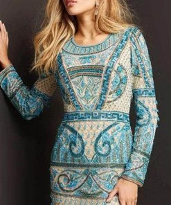 Jovani 08449 - Long Sleeves Jewel Neck Short Dress