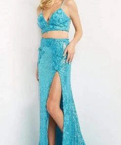 Jovani - 08471 Floral Applique Two-Piece High Slit Sequin Prom Dress