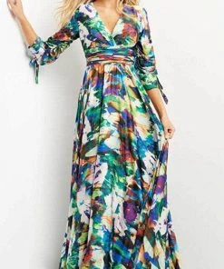 Jovani 08584 - Quarter Length Sleeve V-neck Long Dress