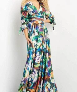 Jovani 08584 - Quarter Length Sleeve V-neck Long Dress