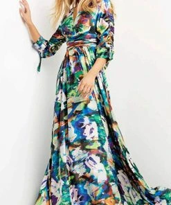 Jovani 08584 - Quarter Length Sleeve V-neck Long Dress