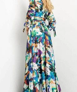 Jovani 08584 - Quarter Length Sleeve V-neck Long Dress