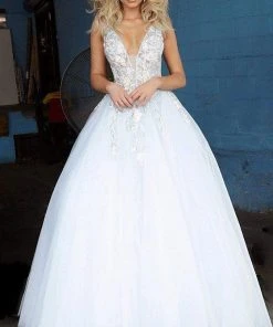 Jovani - 11092 Floral Embroidered Plunging V-Neck Ballgown