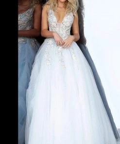 Jovani - 11092 Floral Embroidered Plunging V-Neck Ballgown