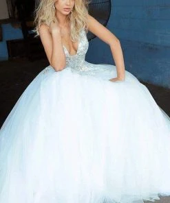 Jovani - 11092 Floral Embroidered Plunging V-Neck Ballgown