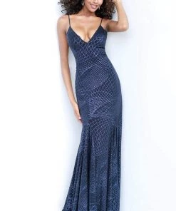 Jovani - 1120 Spaghetti Strap Glitter Jersey Long Gown