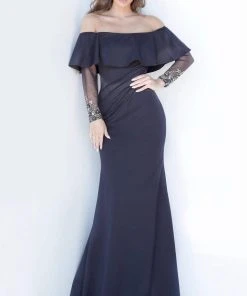 Jovani - 1152 Off-Shoulder Long Sleeves Sheath Dress