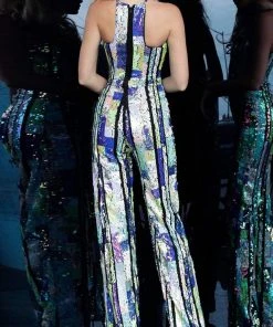 Jovani - 1194 Multicolored Sequined Halter Jumpsuit